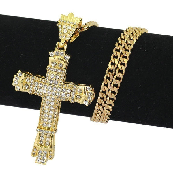 TEMU Hot Sale Cuban Chain Male European and American Hip Hop Full Diamond Vintage Hollow Cross Pendant Necklace Female Factory Direct Sales Glossy.pk