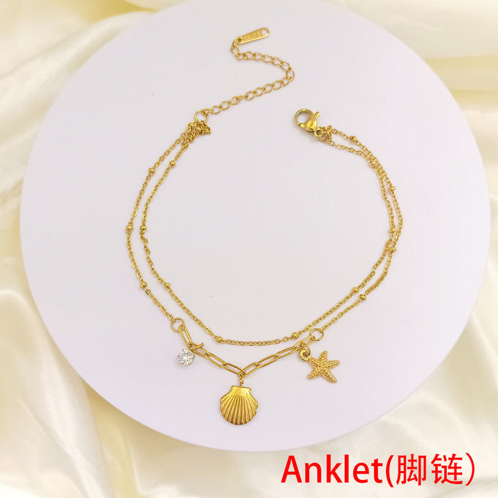 Sense of luxury, delicate shell claw diamond, starfish, titanium steel anklet, sweet ocean style, new ankle and foot chain 22 Glossy.pk