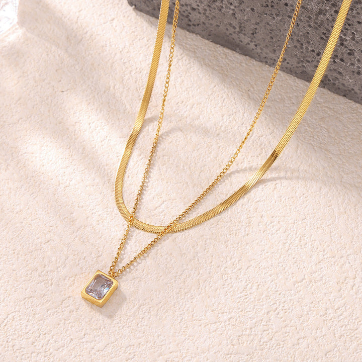 European and American 18K gold double-layer titanium steel clavicle chain female retro high-quality snake bone chain zircon crystal pendant necklace Glossy.pk