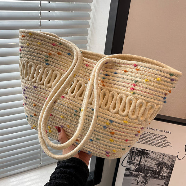 Shoulder bag, hollow cotton knitted bag, new summer large capacity French straw bag, seaside resort beach bag women Glossy.pk
