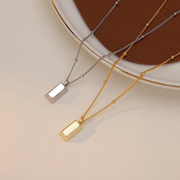 Glossy wordless 18K small gold brick titanium steel clavicle necklace female niche design simple pendant does not fade small squares Glossy.pk