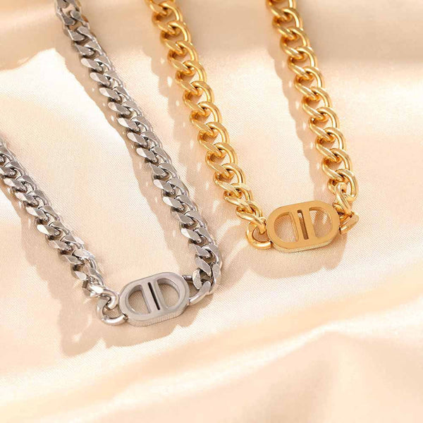 European and American Internet celebrities gold thick chain double D letter titanium steel necklace women's hip-hop personality short clavicle chain versatile jewelry Glossy.pk