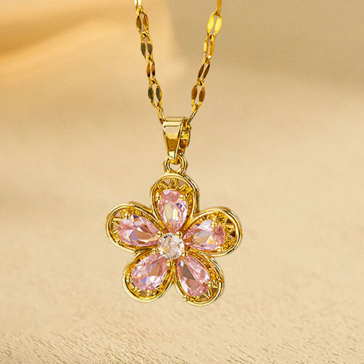 New Real Gold Electroplated Copper Micro Inlay Hollow Full Diamond Small Man Waist Pink Diamond Flower Series Stainless Steel Necklace Wholesale 16 Glossy.pk