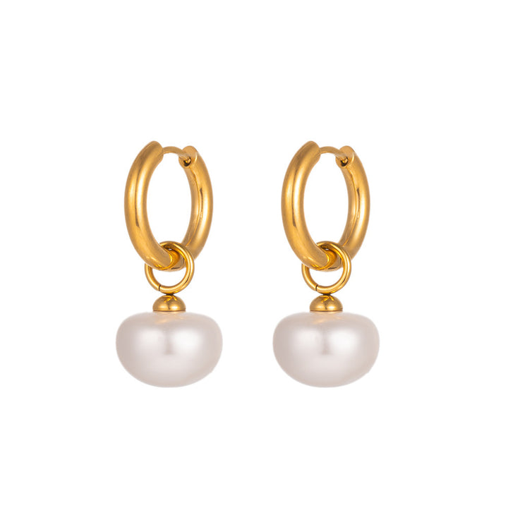 European and American simple French style retro romantic pearl pendant earrings gentle wind titanium steel plated 18K real gold earrings for women