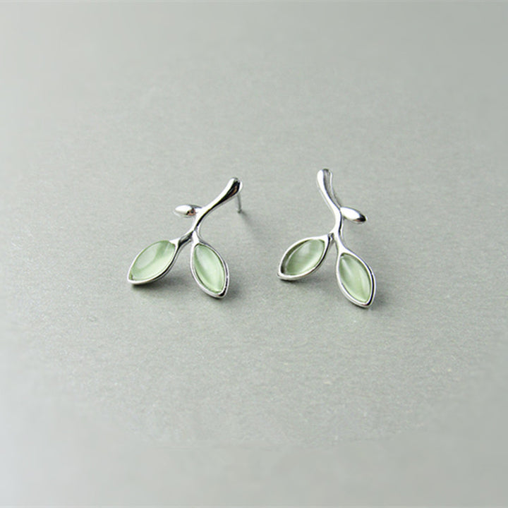 Zhongyi S925 Fashion, Simple, Silver Stud Earrings [Fine Leaves] Women's Opal Sprout Leaf Earrings