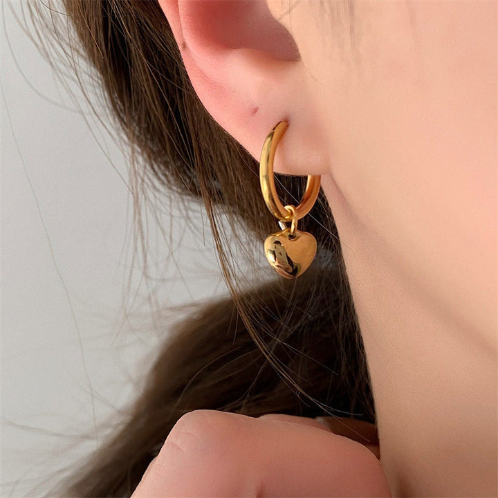Circle earrings, snap-on love earrings, cold wind, women's small circles, girly titanium steel, non-fading, heart-shaped earrings Glossy.pk
