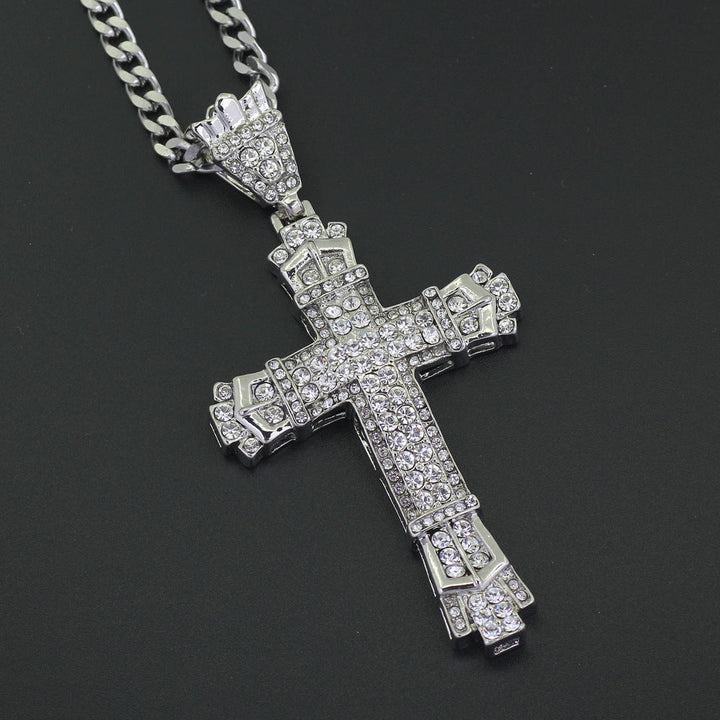 TEMU Hot Sale Cuban Chain Male European and American Hip Hop Full Diamond Vintage Hollow Cross Pendant Necklace Female Factory Direct Sales Glossy.pk