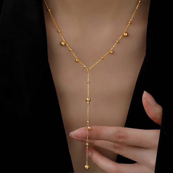 INS new 18K gold plated long tassel bead chain necklace gift stainless steel round bead tassel charm necklace women's jewelry Glossy.pk