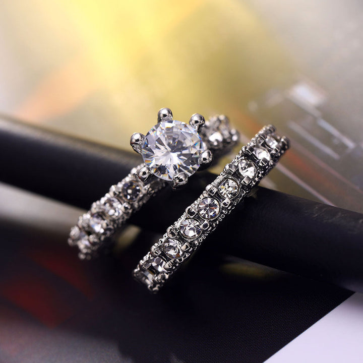 Cross-border new temu hot selling jewelry European and American ladies round diamond six-prong set fashion pair ring full diamond ring Glossy.pk