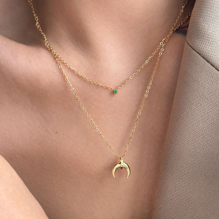 High-grade niche green diamond horn inverted crescent moon double moon stacked clavicle chain necklace female plated 18K gold does not fade Glossy.pk