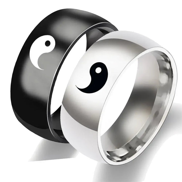 Yin and Yang Couple Rings, Tai Chi Symbol Rings, Male and Female Titanium Steel Hand Ornaments, Black and Silver Pair Rings, Bagua Glossy.pk