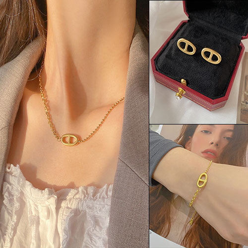 Titanium steel 18K gold non-fading French retro cold wind necklace trendy brand net red pig nose clavicle chain necklace Glossy.pk