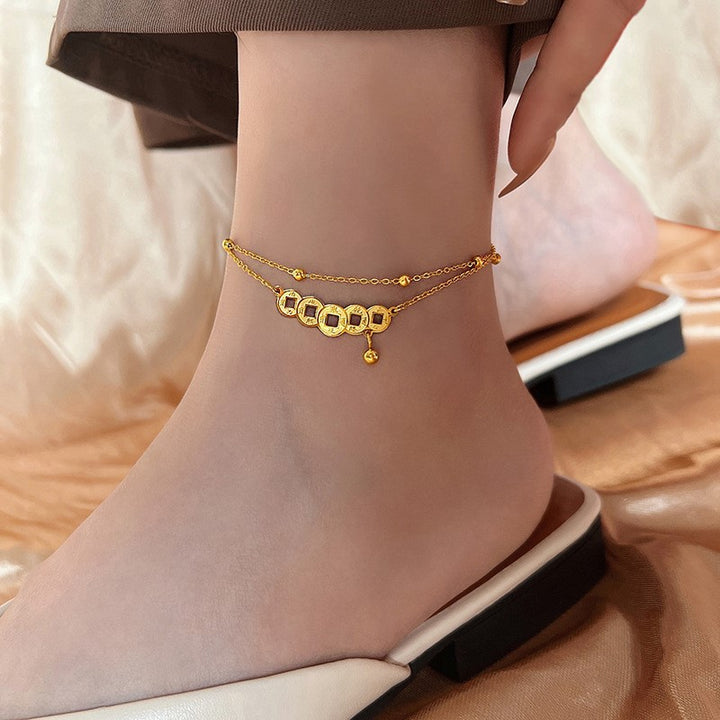 [Wearable in the bath] new titanium steel retro Chinese style double-layer copper coins good luck foot chain girlfriend anklet