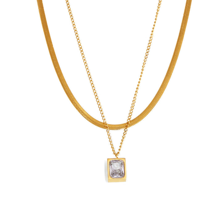 European and American 18K gold double-layer titanium steel clavicle chain female retro high-quality snake bone chain zircon crystal pendant necklace Glossy.pk