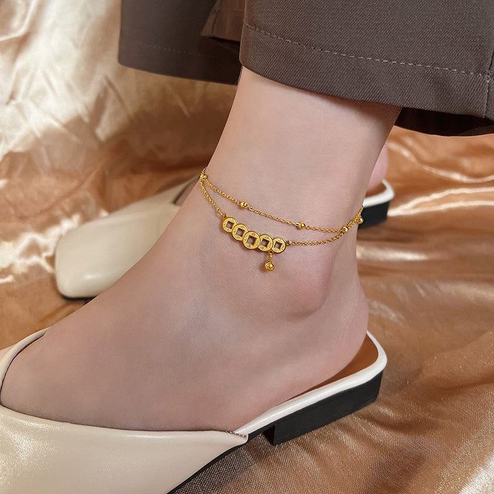 [Wearable in the bath] new titanium steel retro Chinese style double-layer copper coins good luck foot chain girlfriend anklet