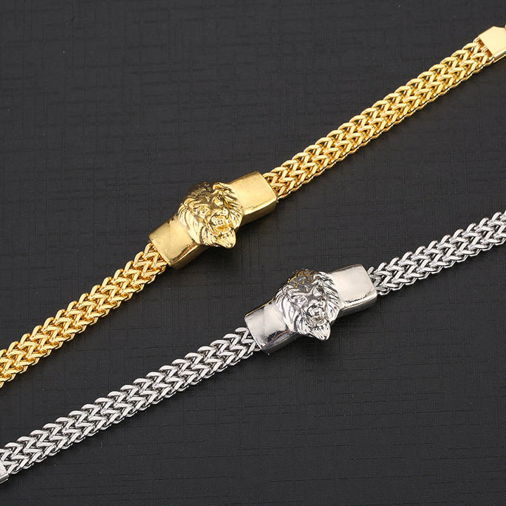 TEMU cross-border titanium steel lion head bracelet European and American men's hip hop bracelet 4*8mm stainless steel chain jewelry Glossy.pk