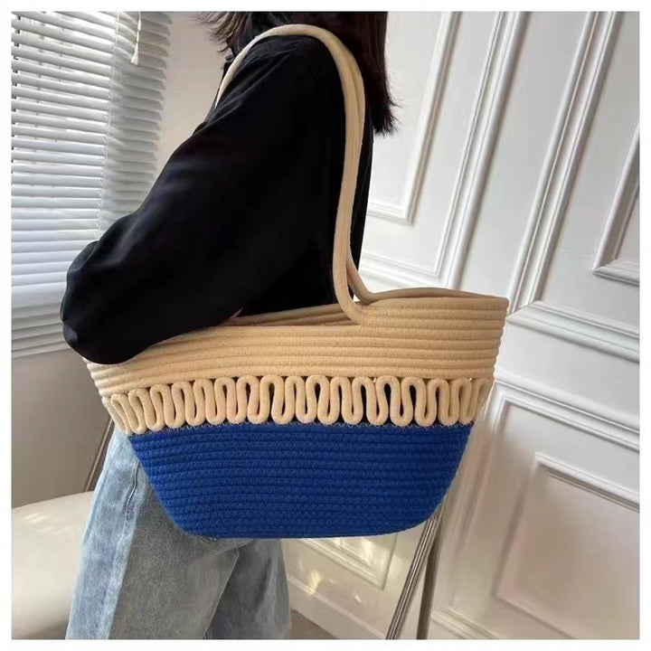 Shoulder bag, hollow cotton knitted bag, new summer large capacity French straw bag, seaside resort beach bag women Glossy.pk