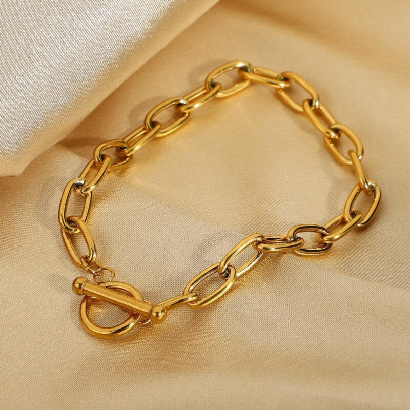 European and American new ins fashion and versatile 18K gold-plated stainless steel bracelet women's retro gold OT clasp bracelet bracelet Glossy.pk