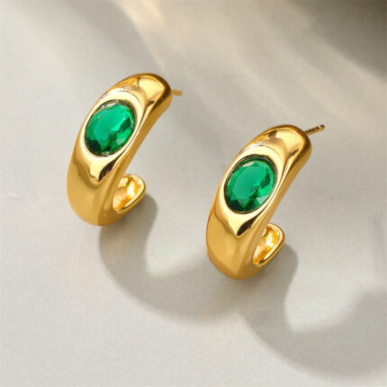 European and American hot selling fashion simple metal oval white gem emerald palace creative metal stud earrings female wholesale Glossy.pk