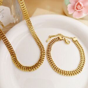 Braided Necklace & Woven Bracelet Set — Gold Tone