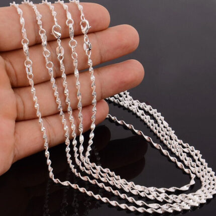 AliExpress cross-border supply European and American silver-plated necklace women's encrypted water wave chain pendant with chain short clavicle necklace Glossy.pk