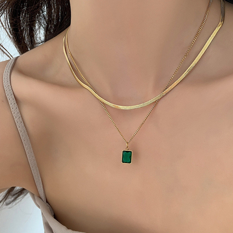 European and American 18K gold double-layer titanium steel clavicle chain female retro high-quality snake bone chain zircon crystal pendant necklace Glossy.pk