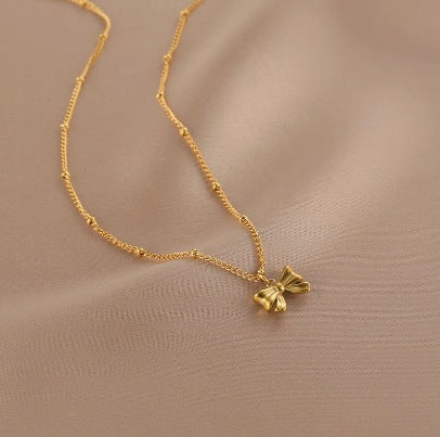 2024 new 18k gold clavicle chain titanium steel necklace design sense bow water drop love chain does not fade Glossy.pk