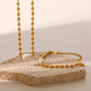 Pearl‑bean Chain Necklace — Gold Tone
