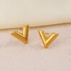 Simple Gold niche V letter necklace women’s summer earrings bracelet three-piece set anti-tarnish jewellery from Glossy.pk, Lahore