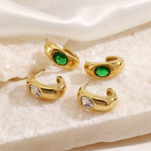 C-shaped oval stone stud earrings (green & white)