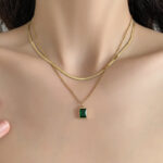 European and American 18K gold double-layer titanium steel clavicle chain female retro high-quality snake bone chain zircon crystal pendant necklace Glossy.pk