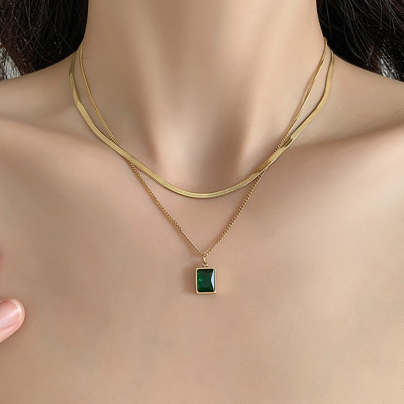 European and American 18K gold double-layer titanium steel clavicle chain female retro high-quality snake bone chain zircon crystal pendant necklace Glossy.pk