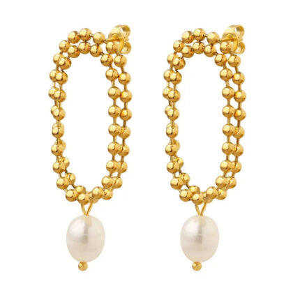 European and American retro pearl titanium steel stud earrings women's niche design sense K gold bead chain light luxury cold wind drop earrings