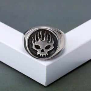Skull flame ring — retro steel colour, sizes 7–9