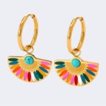 European and American cross-border French retro light luxury fan-shaped dripping oil colorful earrings niche personality temperament 18K gold earrings Glossy.pk