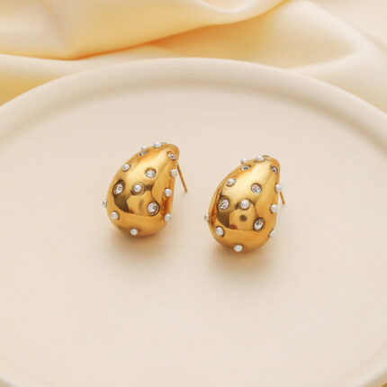 Amazon Hot Sale Titanium Steel Cast Diamond Pearl Water Drop Earrings INS Women's Fashion Versatile Earrings Chubby Dun Glossy.pk