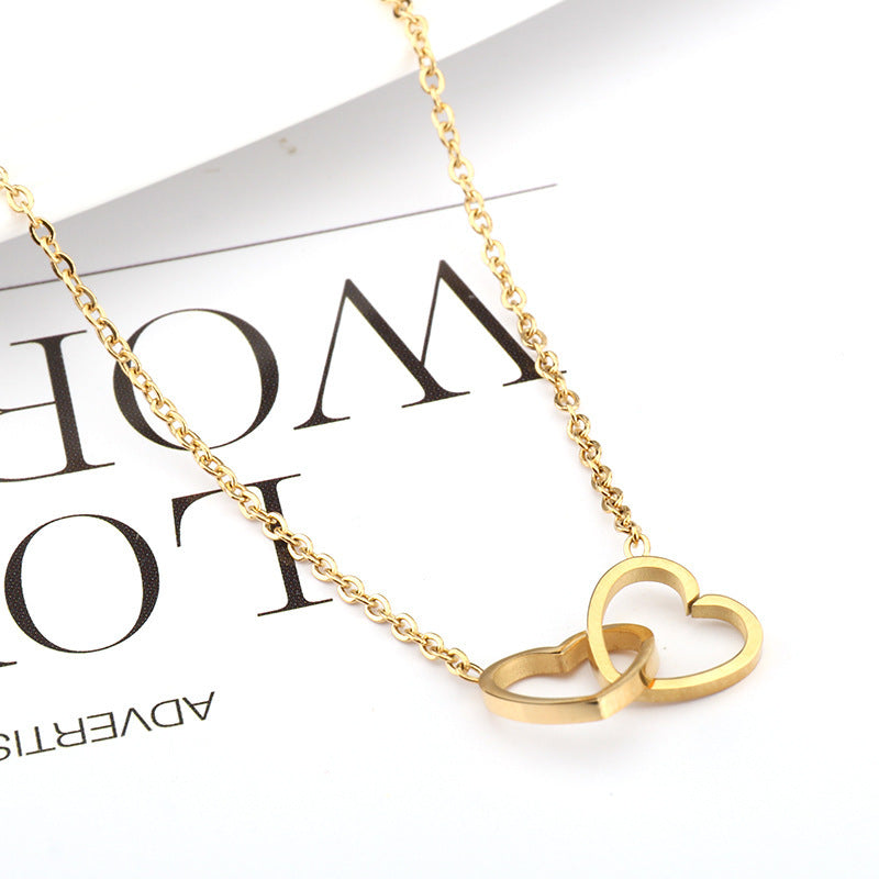 Fashion clavicle chain heart to heart double circle necklace double peach heart love pendant necklace women's ins personality fashion jewelry women Glossy.pk