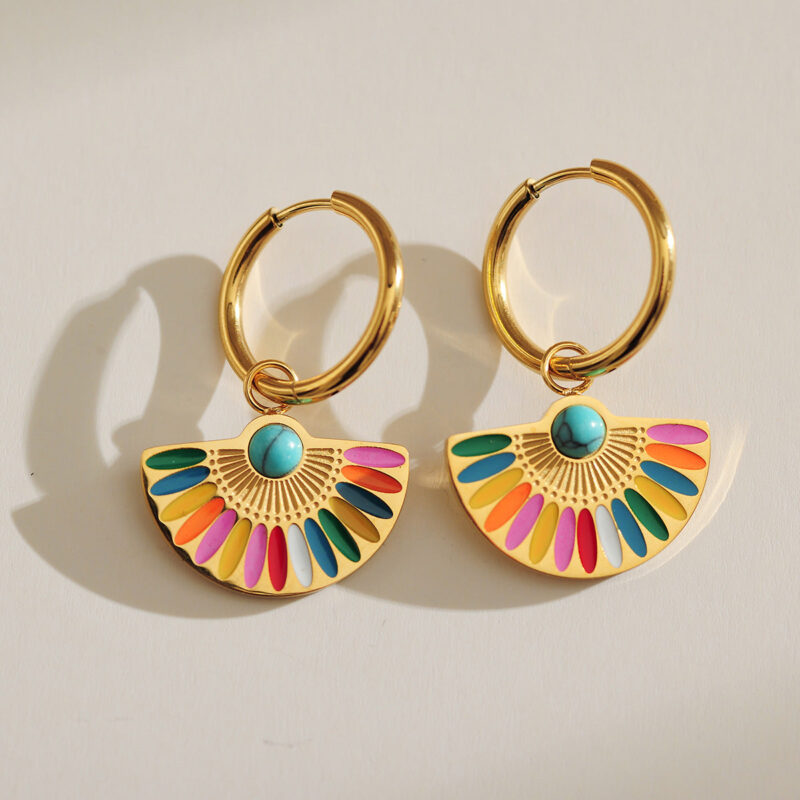 European and American cross-border French retro light luxury fan-shaped dripping oil colorful earrings niche personality temperament 18K gold earrings Glossy.pk