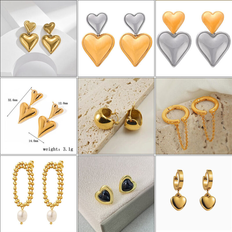 European and American cross-border wholesale double layer love butterfly pendant stud earrings stainless steel plated 18K gold plating versatile gradient earrings 21 Glossy.pk