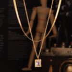 European and American 18K gold double-layer titanium steel clavicle chain female retro high-quality snake bone chain zircon crystal pendant necklace Glossy.pk