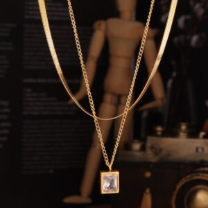 Double-Layer Stone-Set Pendant Necklace — Gold Tone product photo 3 | Glossy.pk Pakistan