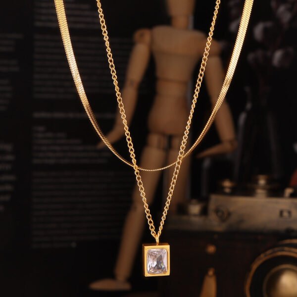 Double-Layer Stone-Set Pendant Necklace — Gold Tone product photo 3 | Glossy.pk Pakistan