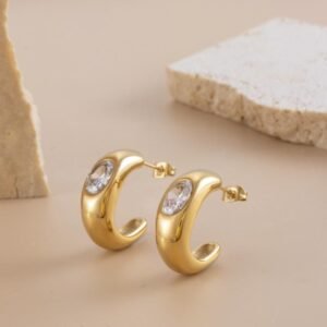 C-shaped oval stone stud earrings (green & white) product photo 3 | Glossy.pk Pakistan