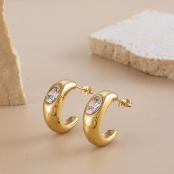 C-shaped oval stone stud earrings (green & white) product photo 3 | Glossy.pk Pakistan
