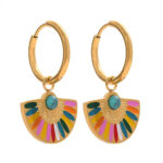 European and American cross-border French retro light luxury fan-shaped dripping oil colorful earrings niche personality temperament 18K gold earrings Glossy.pk