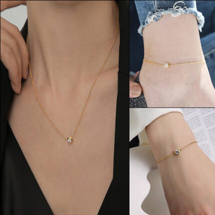 Mini single diamond titanium steel necklace one diamond bracelet fashion simple foot chain sexy non-fading titanium steel anklet set Glossy.pk