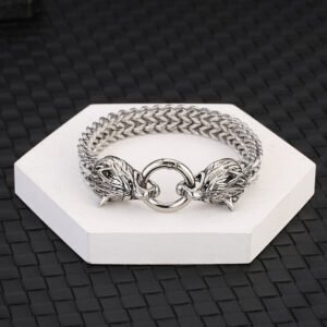 Nordic Wolf‑Head Men's Bracelet — 21 cm