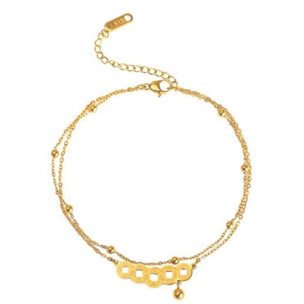 New titanium steel retro style double-layer copper coins good luck foot chain girls anklet anti-tarnish jewellery from Glossy.pk, Lahore