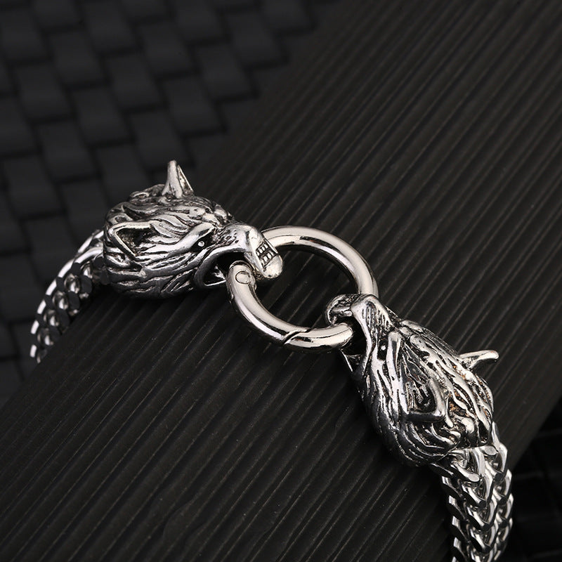 Cross-border AliExpress European and American stainless steel men's bracelets, titanium steel hip-hop bracelets, Nordic domineering wolf head Viking chains Glossy.pk