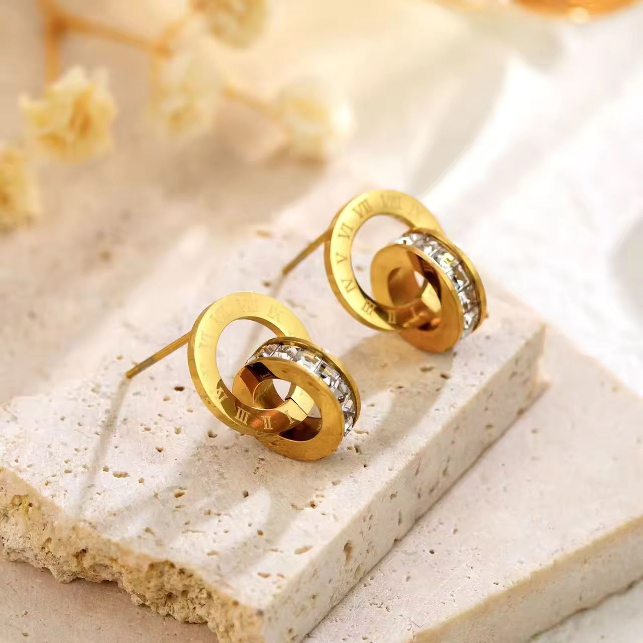 5c07665a-419e-4646-b19b-dfb71679ca94 Double Ring Roman numeral Earrings-GOLD - Image 1